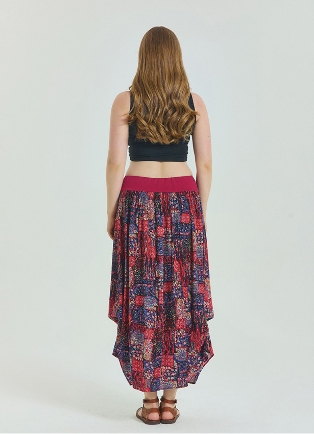 Red Patterned Plus Size Skirt with Elastic Waist Drape Detail 4603